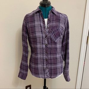 Maurices purple plaid button down, ornate buttons, gauzy lightweight long sleeve